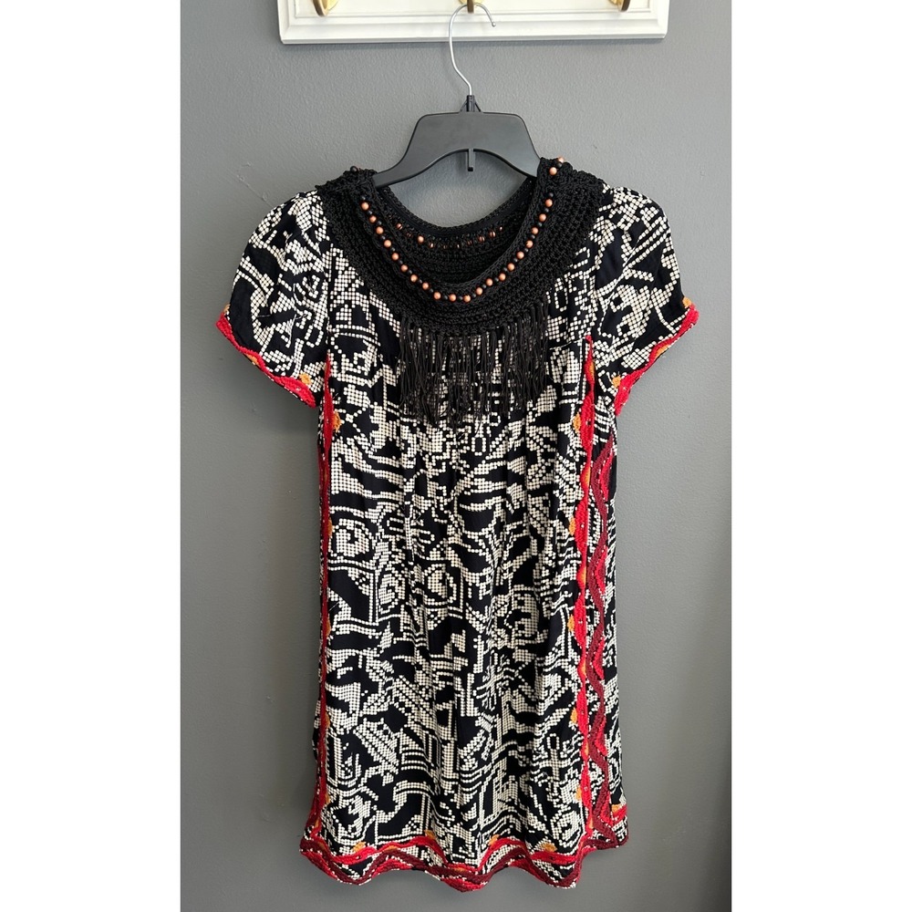 Anthropologie Floreat Womens M Dress Aztec Embroidered Beaded Fringe Western
